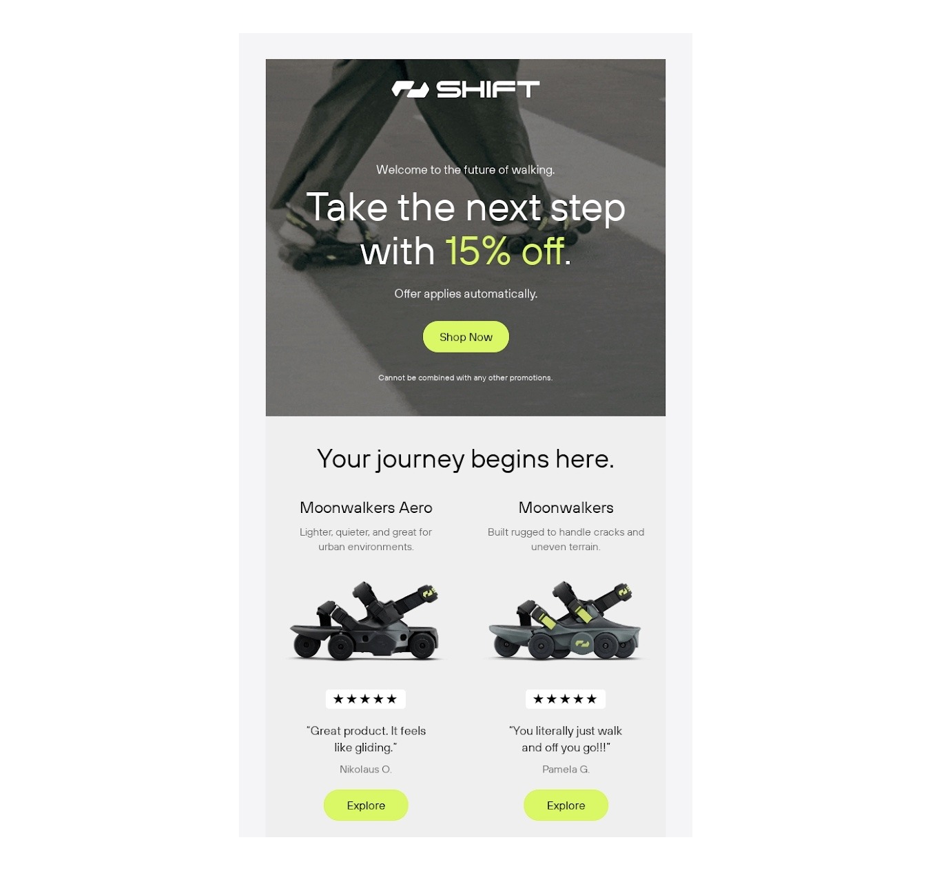 A welcome email, by Shift Robotics, which includes some of their best-selling products and a 15% discount.