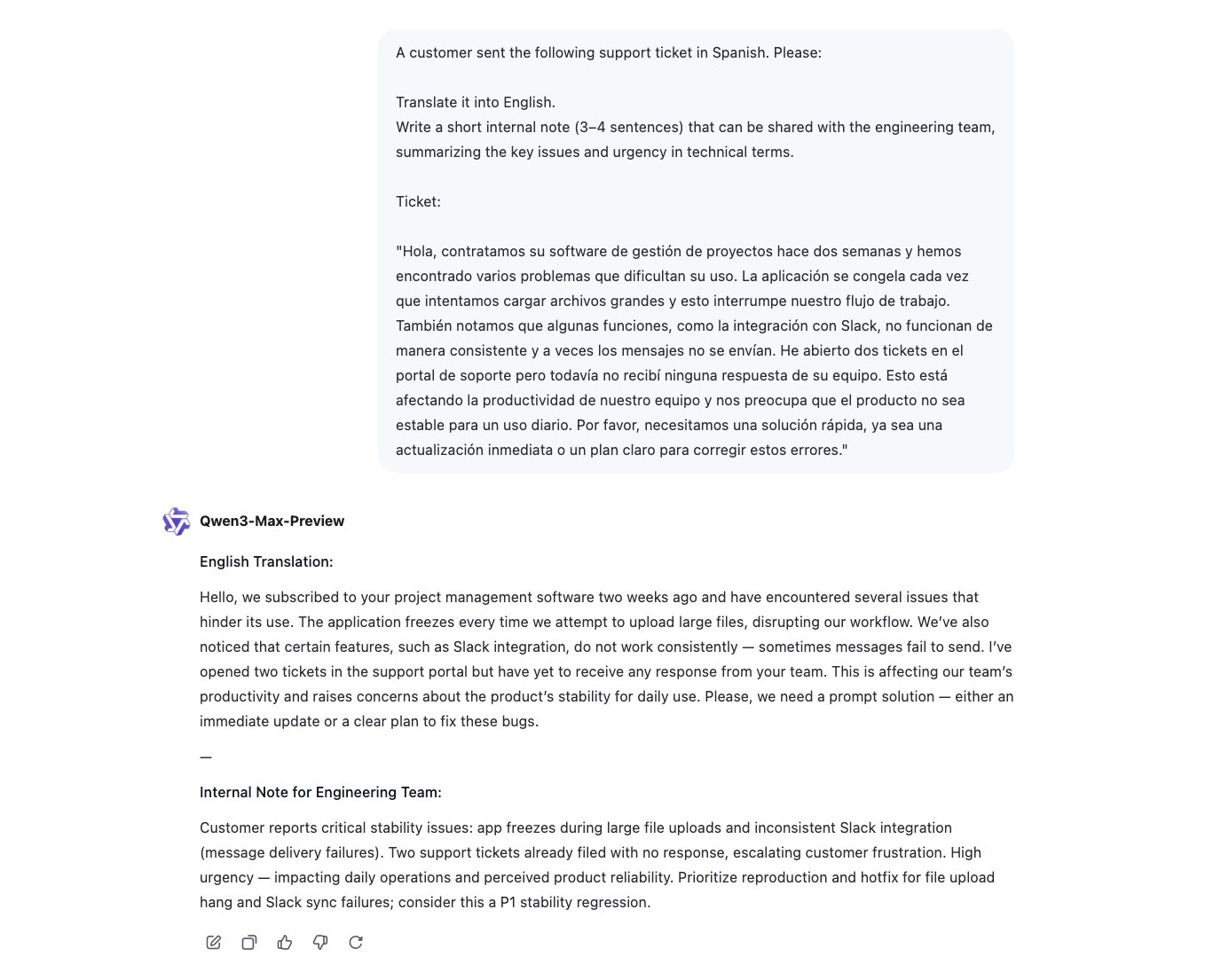 Qwen 3 translating a support ticket from Spanish to English along with an internal note for the engineering team.