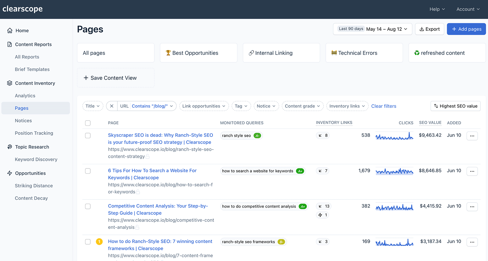 Clearscope content inventory table listing blog pages with queries, SEO value, and clicks.