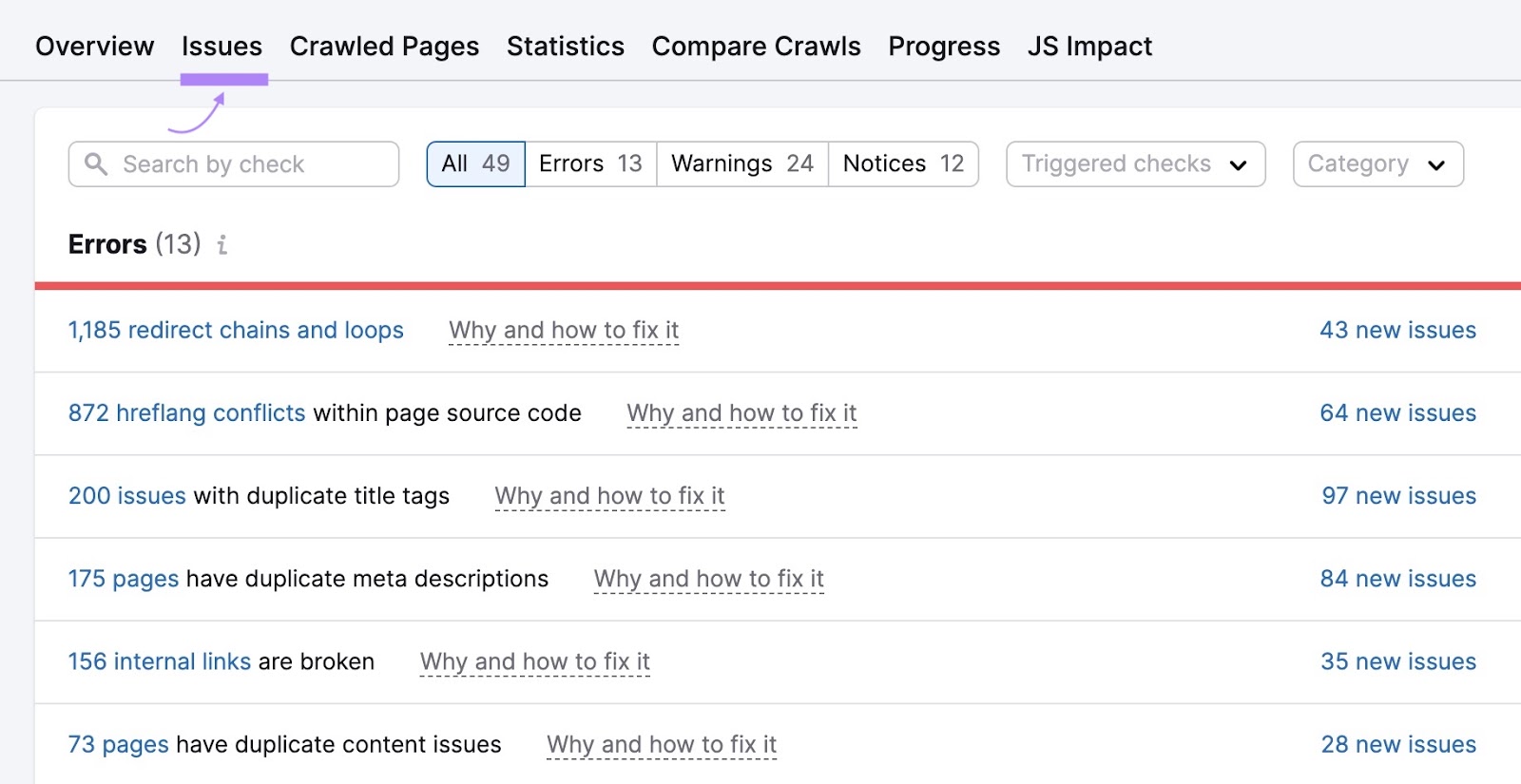 "Issues" tab on Site Audit showing a list of website issues like redirect chains and loops, hreflang conflicts, etc.