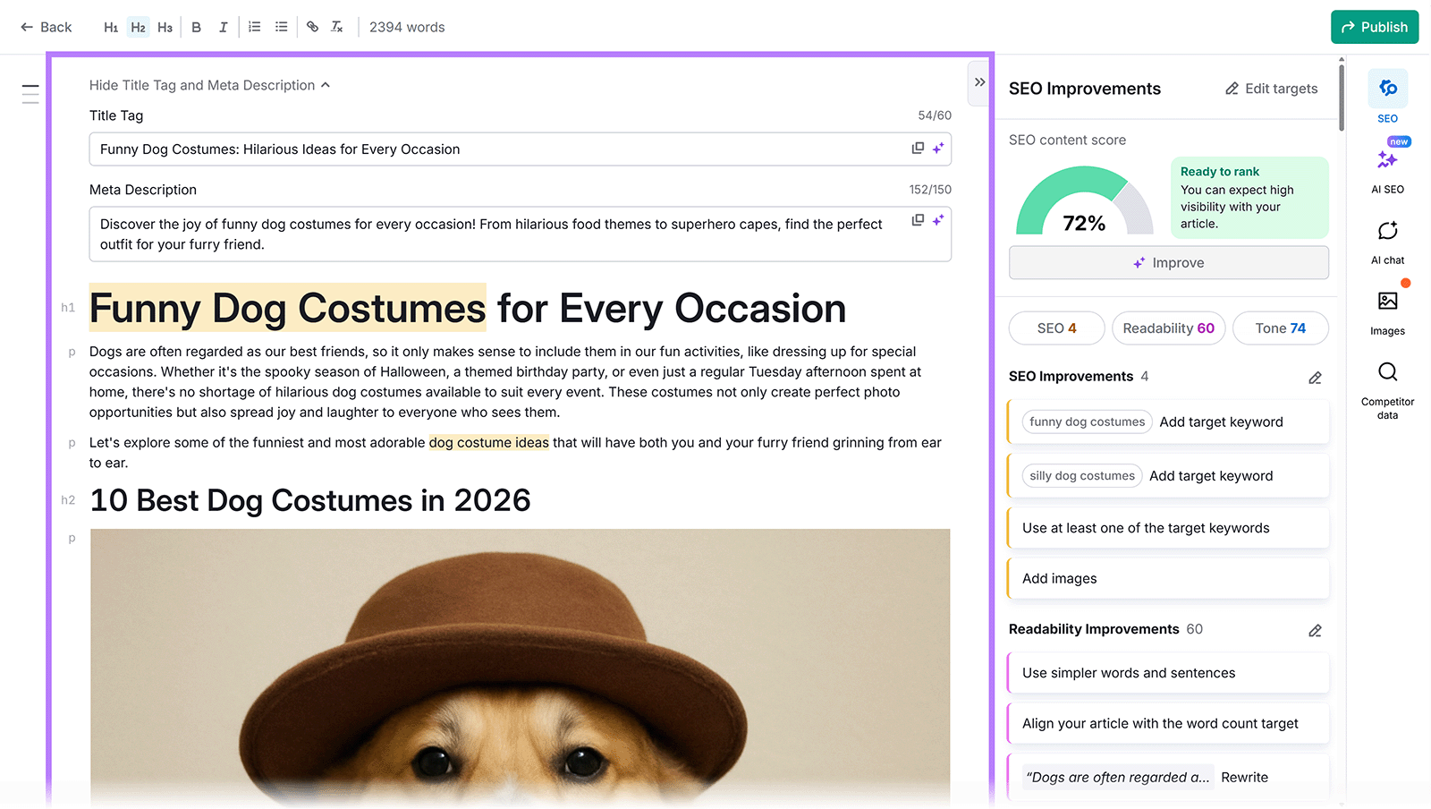 AI article generator editor showing a drafted blog post with title, headings, body text, and SEO analysis panel.