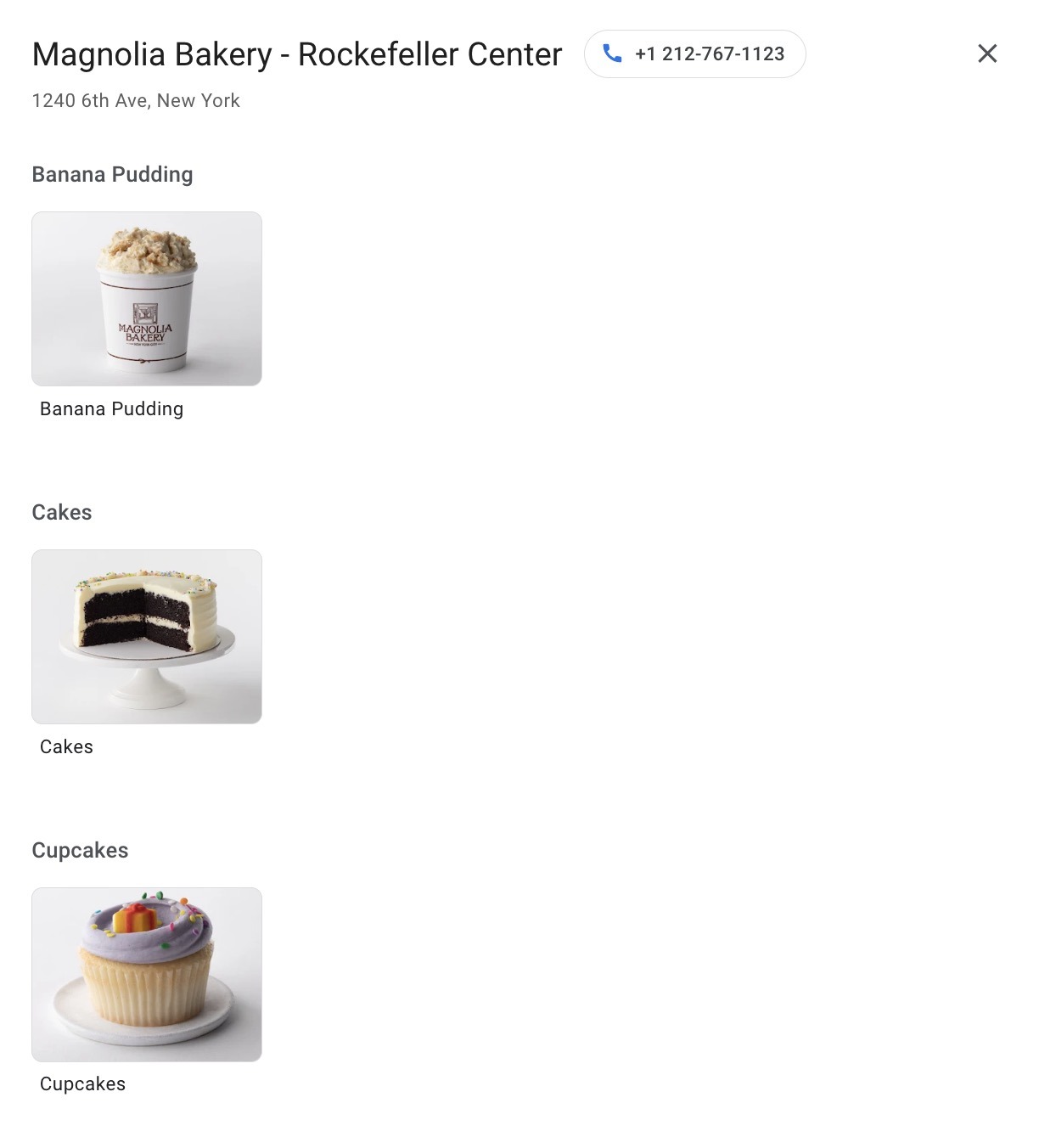 The Google Business Profile of Magnolia Bakery showcasing their different products like banana pudding, cakes, and cupcakes.