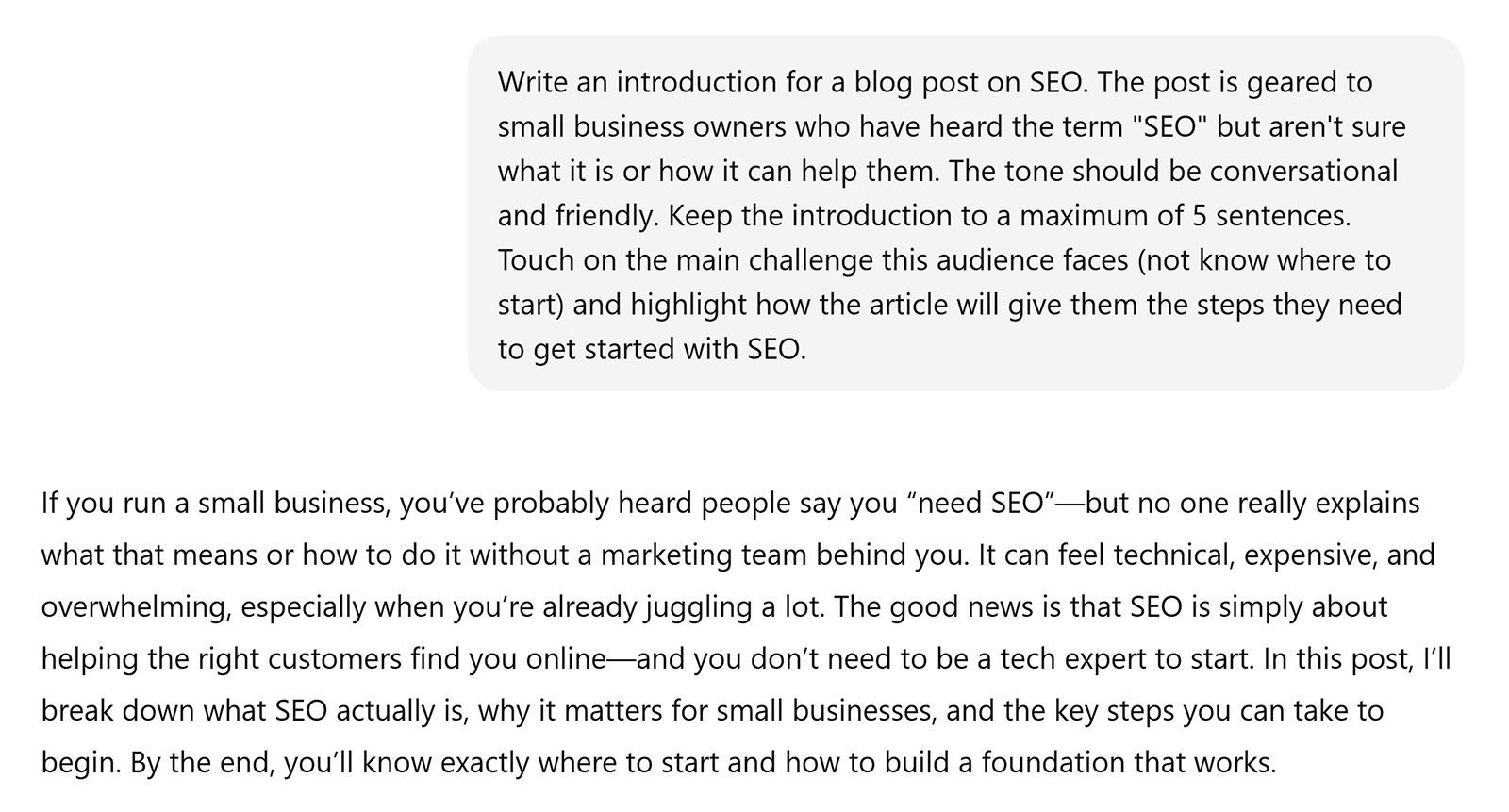 Revised SEO blog intro generated after a more detailed prompt with audience and tone instructions.