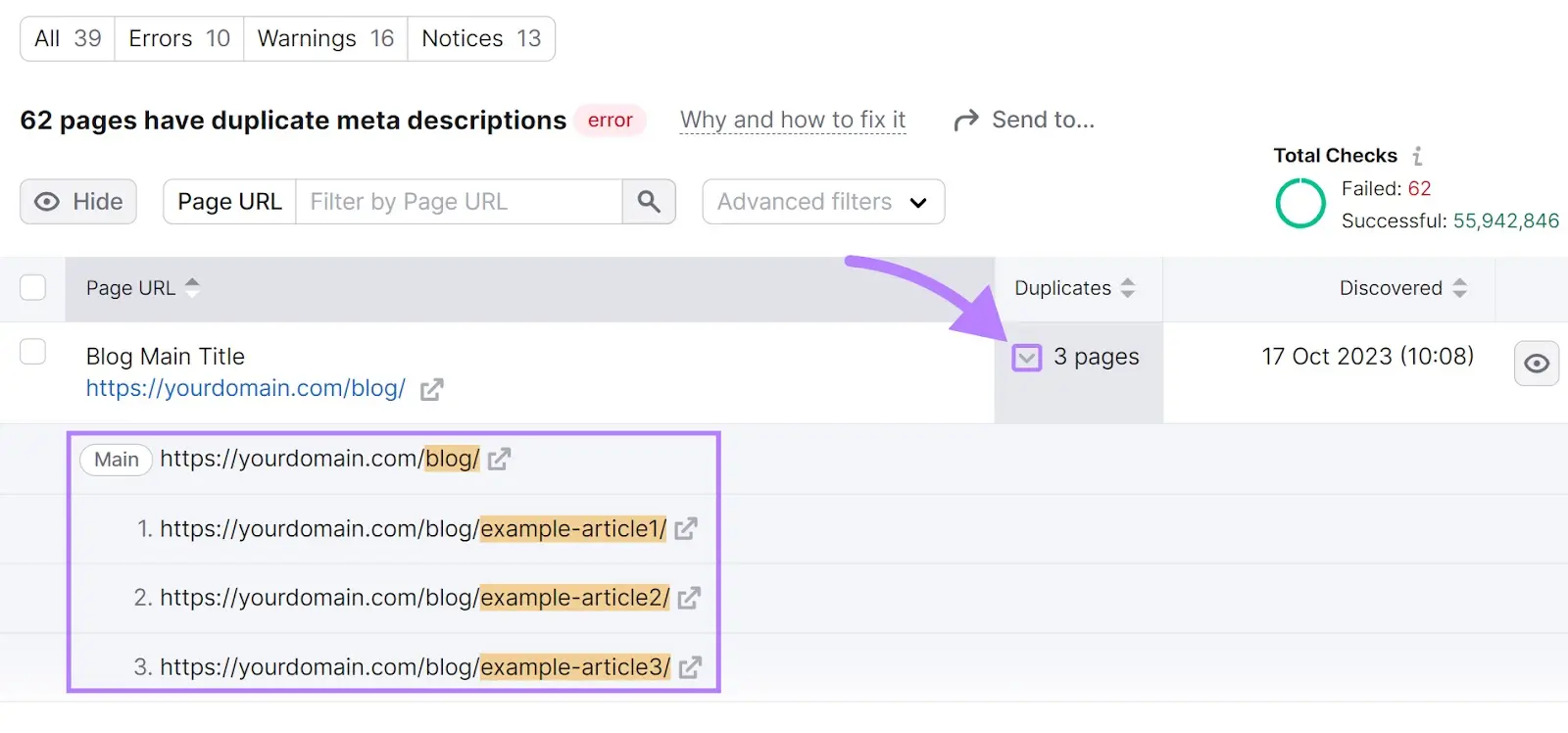 Site Audit on Semrush showing a list of pages with duplicate meta descriptions.