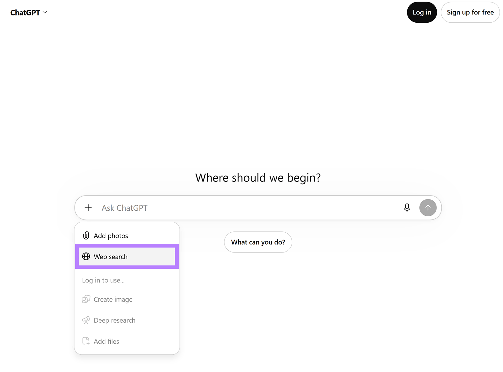 ChatGPT homepage with the plus menu open and the Web search option highlighted