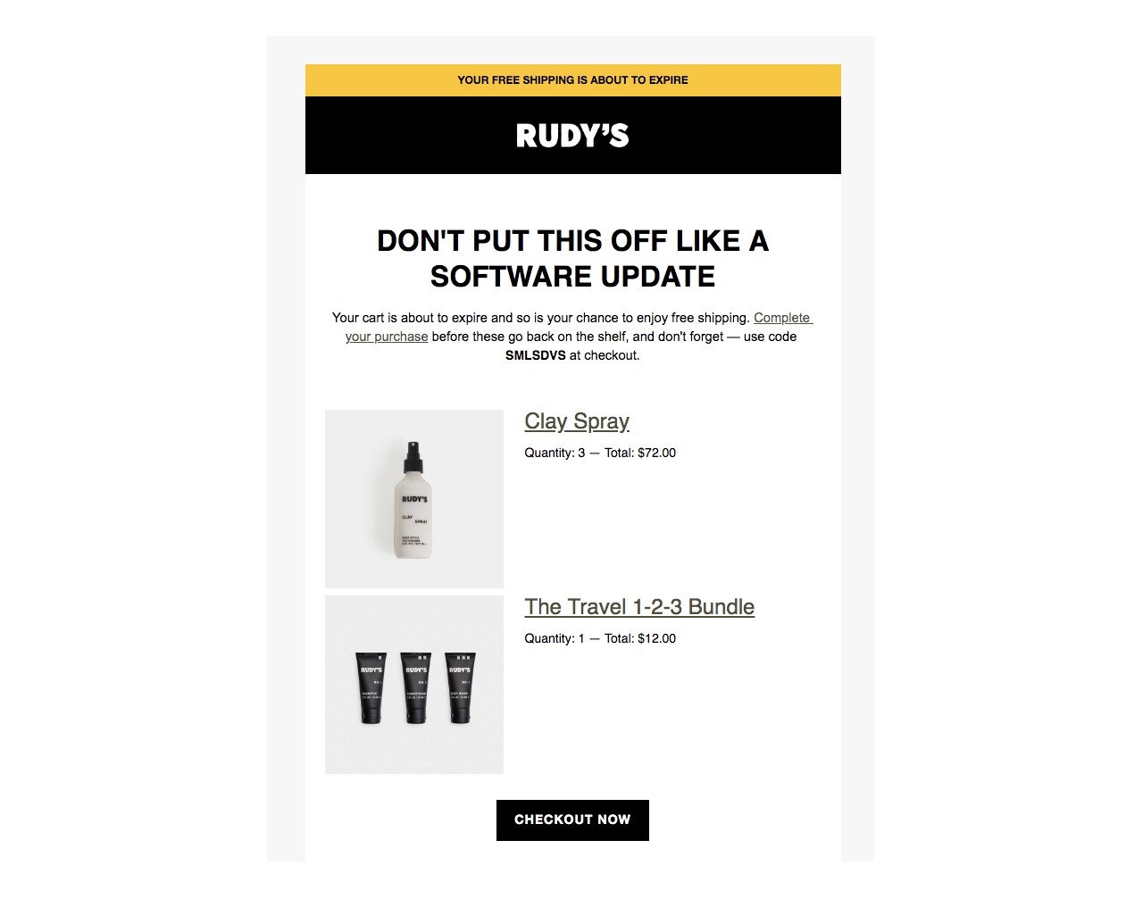 A cart abandonment email, by Rudy's, showing a list of products added to a user's cart.
