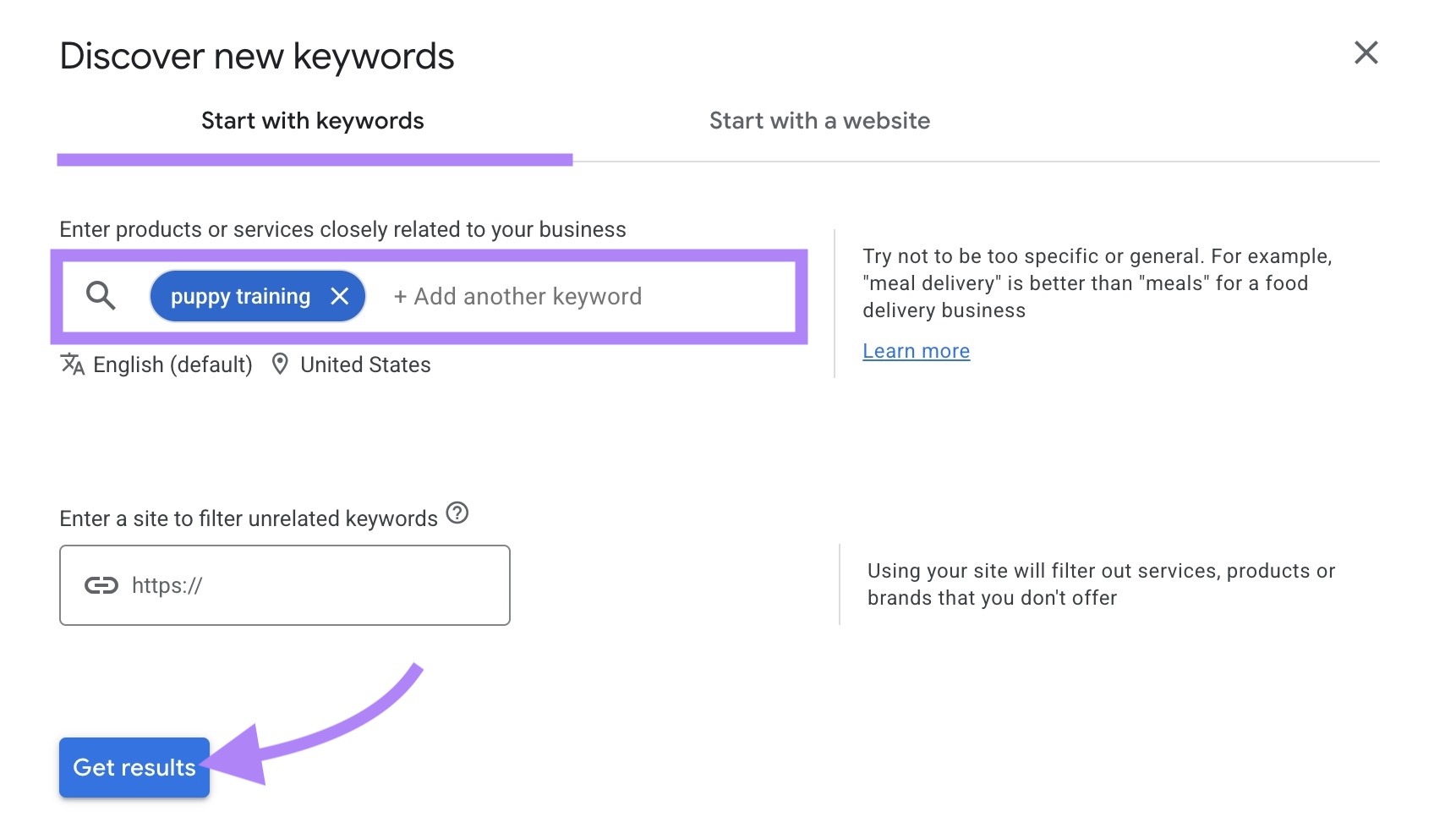 "Discover new keywords" on Google Keyword Planner with a term entered and "Get results" clicked.