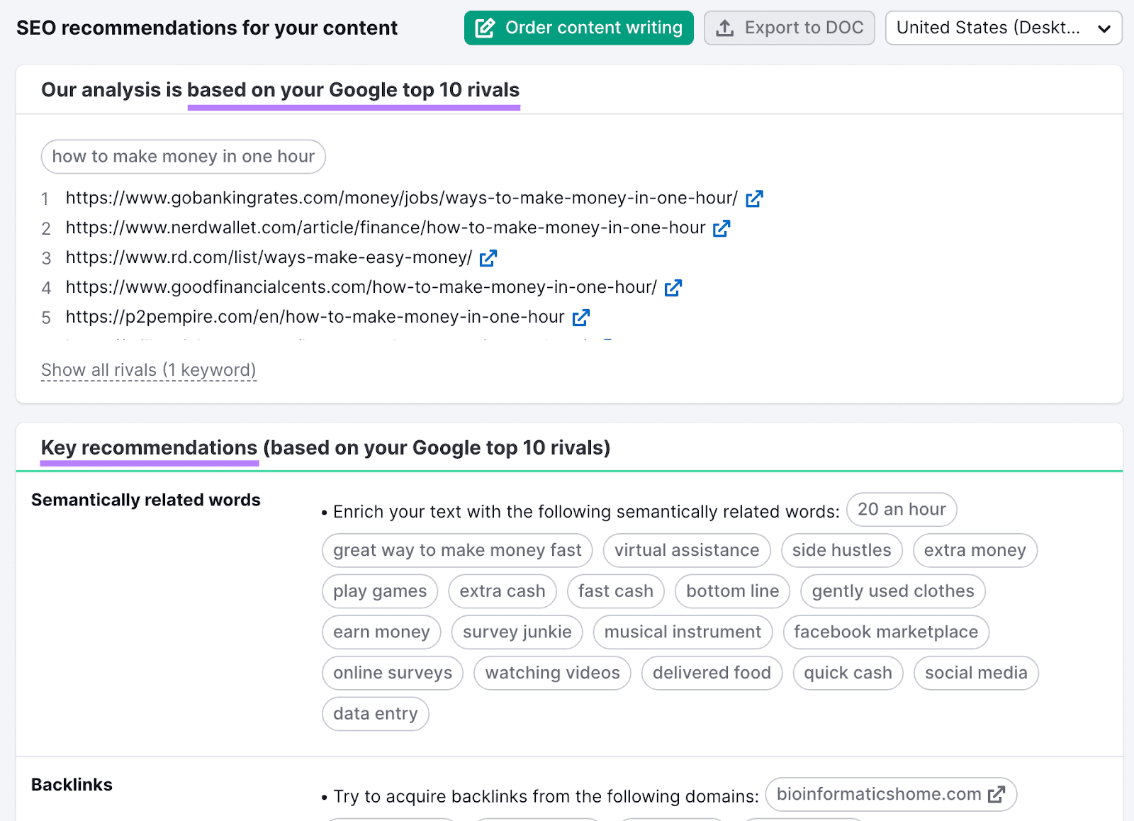 "SEO recommendations for your content" report in SEO Content Template
