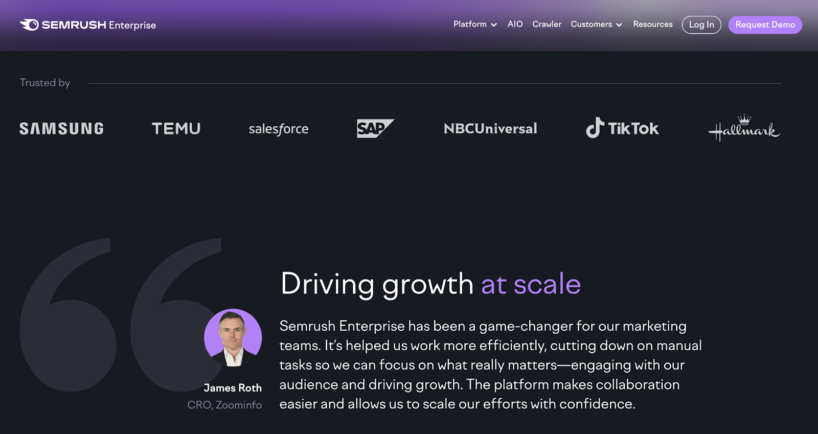 The trust bar includes client logos and a customer testimonial is included for this specific audience.