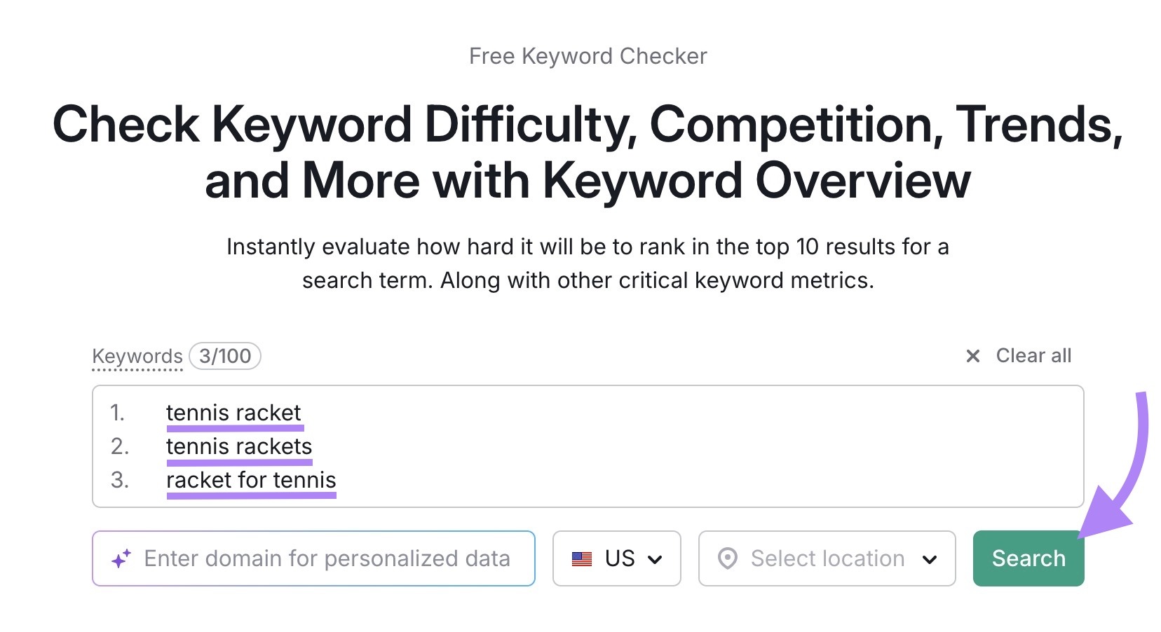 Keyword Overview tool with three seed keywords entered and "Search" clicked.