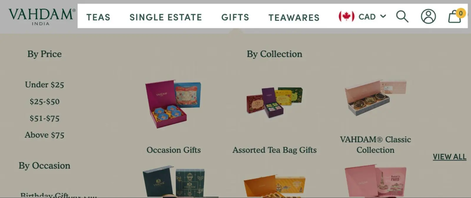 Vahdam website navigation menu linking to tea products, gifts, teaware, and gift collections