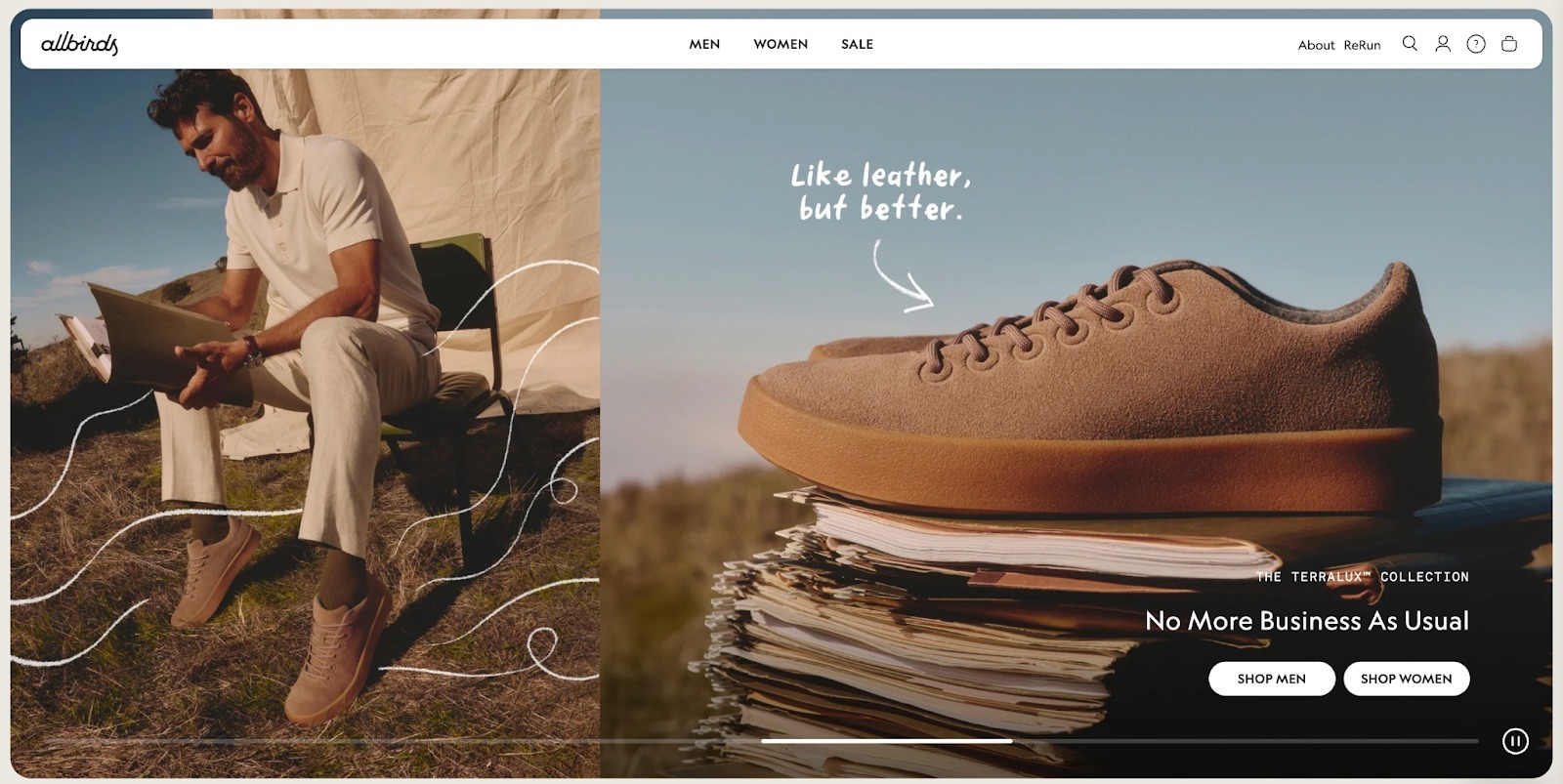 The Allbirds website using clear titles and high-quality images of their shoes in different environments.