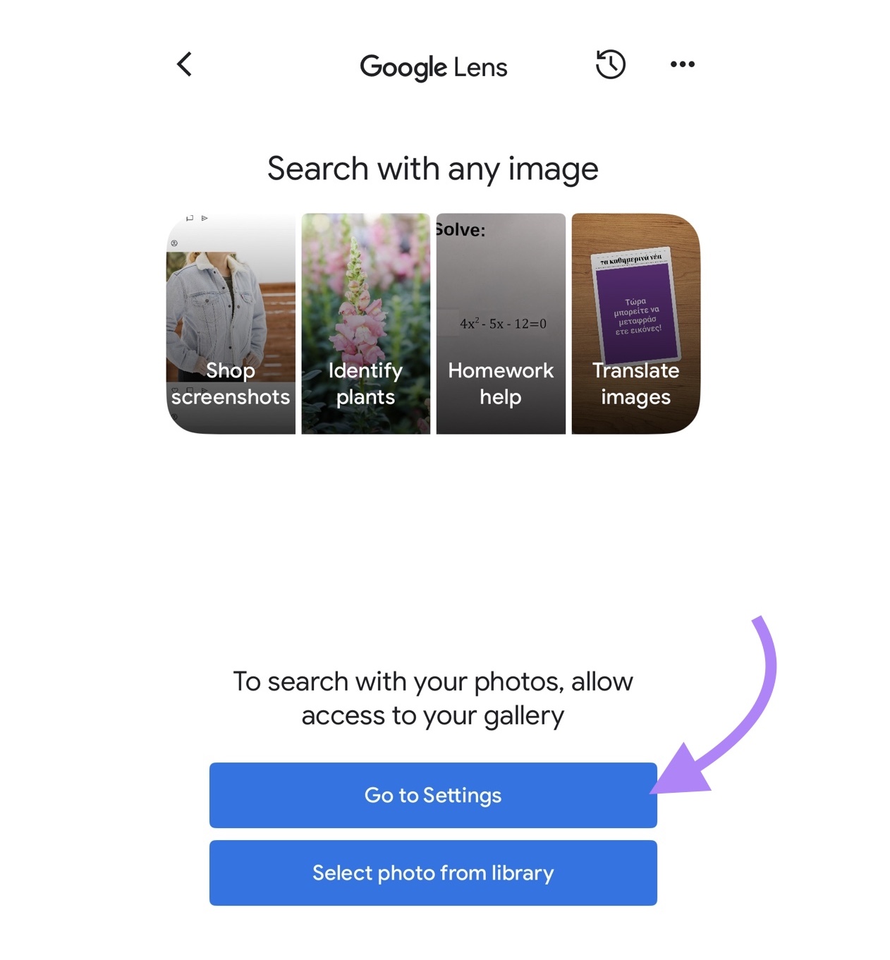 Google Lens interface with the "Go to Settings" button highlighted.