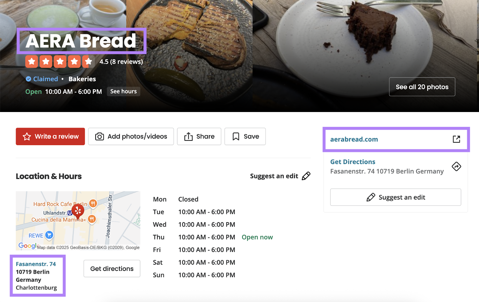 Yelp local business page includes NAP information.