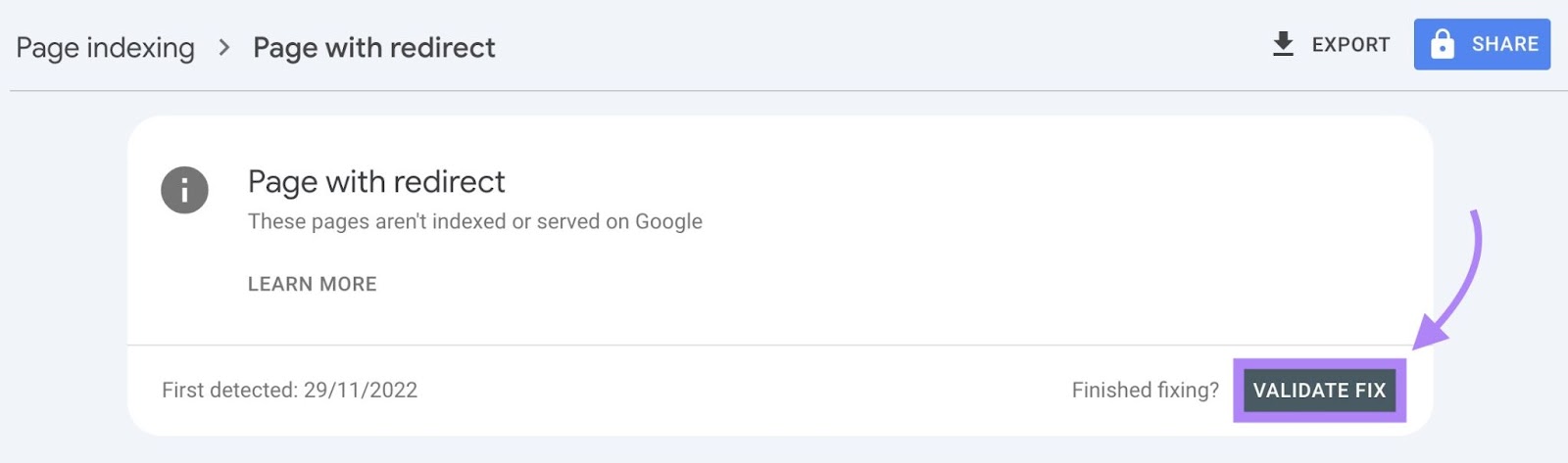 "Page with redirect" window on Google Search Console with "Validate Fix" clicked.