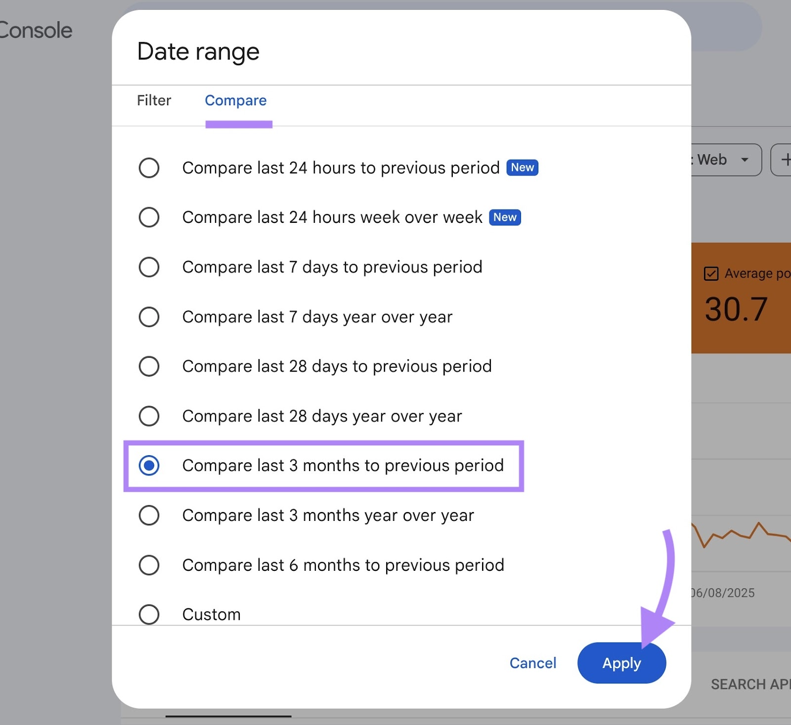 The "Compare" tab on the Date range window on GSC with a period selected and "Apply" clicked.