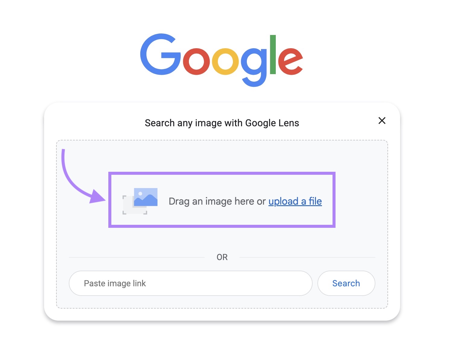 Google image search with the "Drag an image here or upload a file" section highlighted.