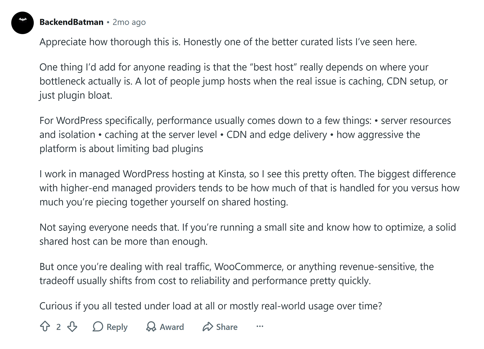 Reddit comment from a company employee sharing expertise and discussing WordPress hosting performance