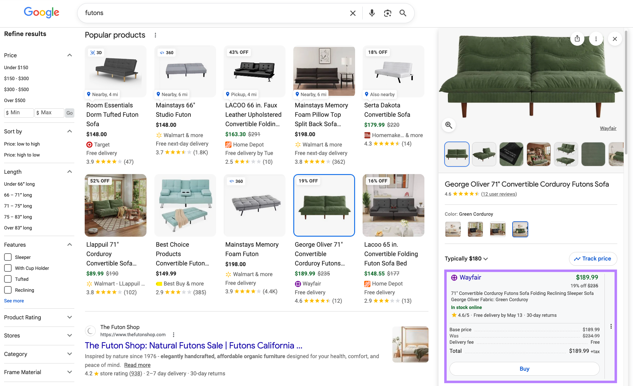 Google search results for "futons" showing UCP-powered checkout for a Wayfair product.