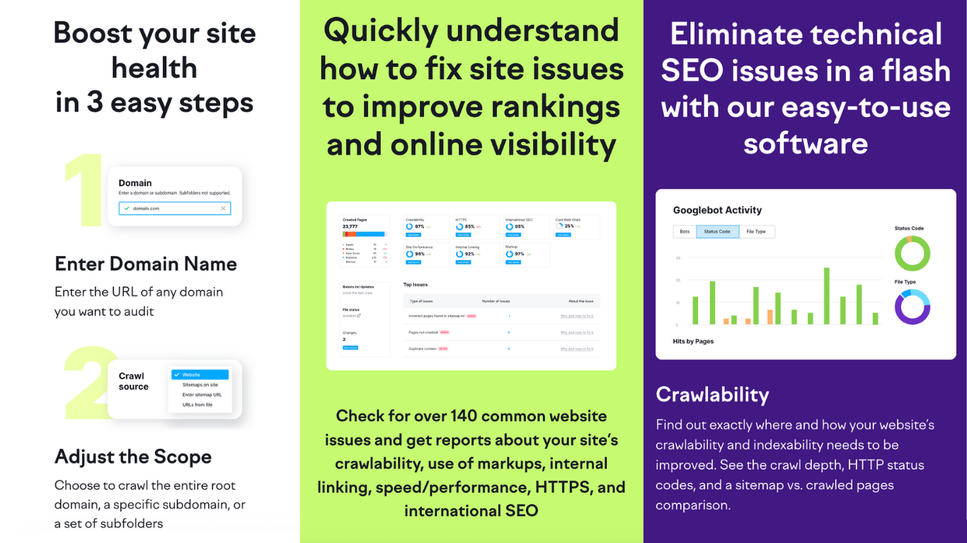 The body copy includes headlines like "boost your site health in three easy steps, quickly understand how to fix site issues to improve ranking and online visibility, and eliminate technical SEO issues in a flash with our easy-to-use-software."
