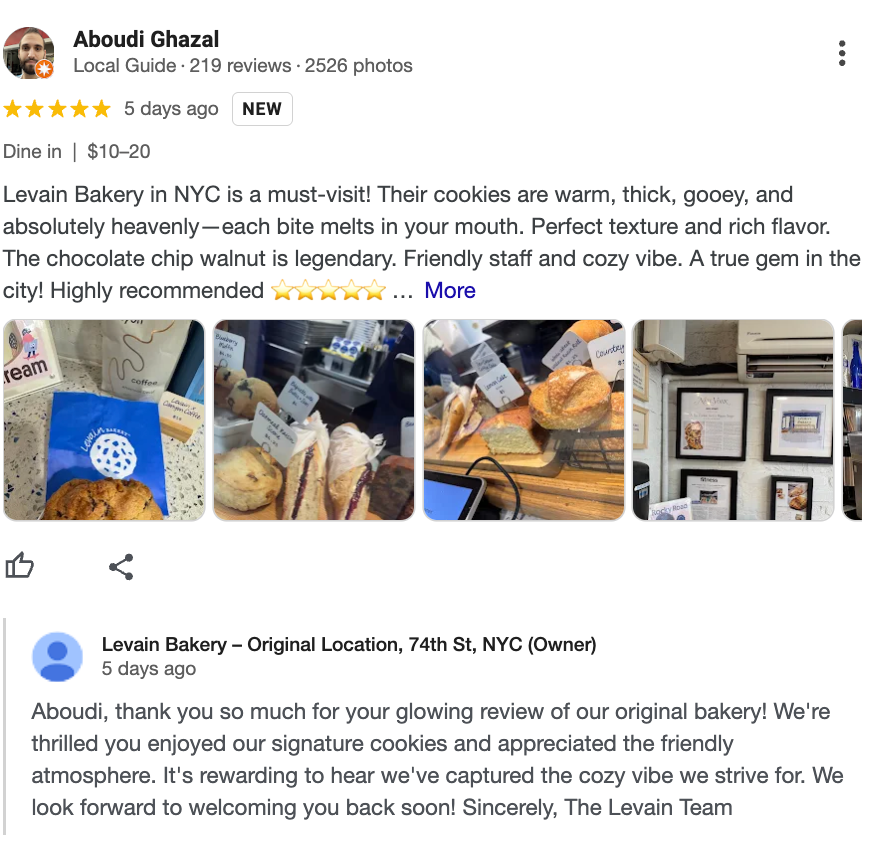 Levain Bakery's thoughtful reply to customer's positive feedback.