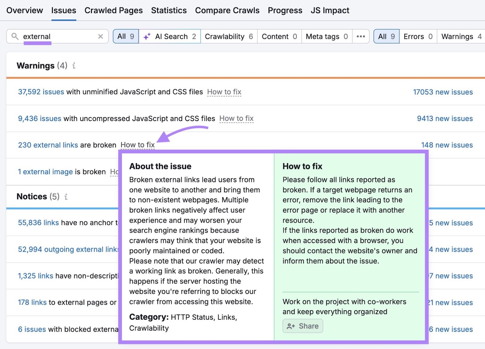 Site Audit Issues with "external" entered and "How to fix" clicked next to an issue showing more information about the issue and how to fix it.