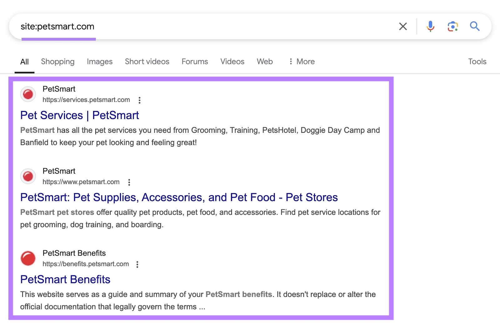 Google SERP with "site:petsmart.com" entered showing a list of the domain's pages indexed on Google.