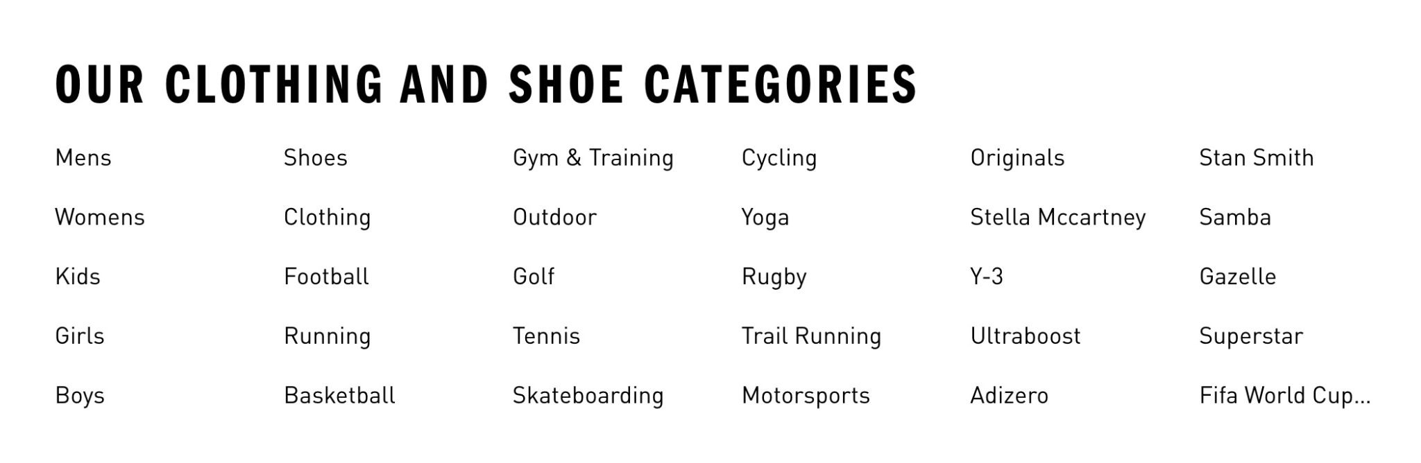 The bottom of a page on the Adidas website showing a list of related clothing and shoe categories along with links to each.