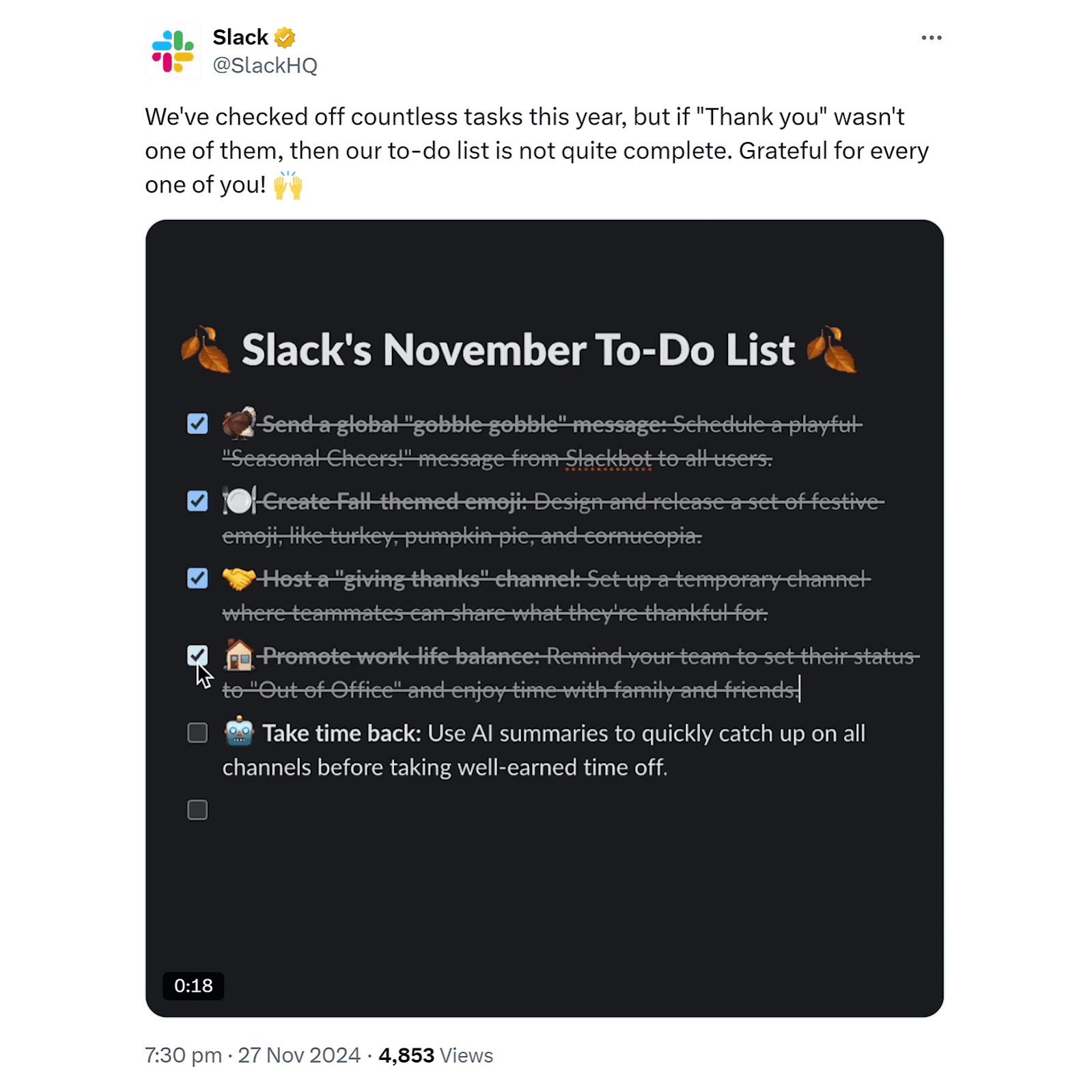 Slack’s X post showing a November to-do list with humorous seasonal tasks, celebrating team appreciation and AI productivity tools.
