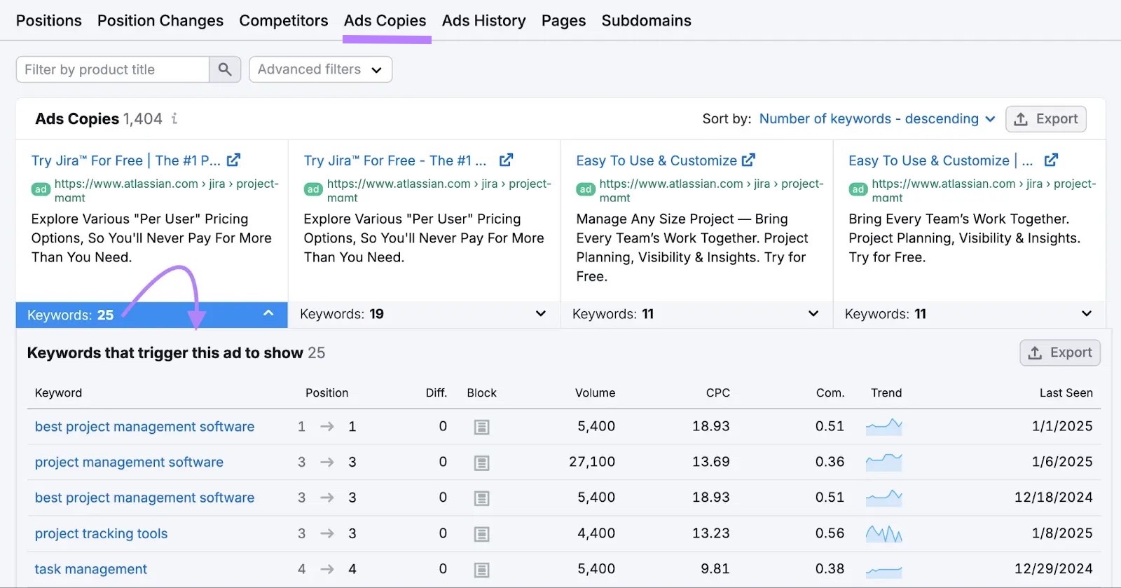 Ads Copies report on the Advertising Research tool showing the headlines, descriptions, and keywords used by a competitor.