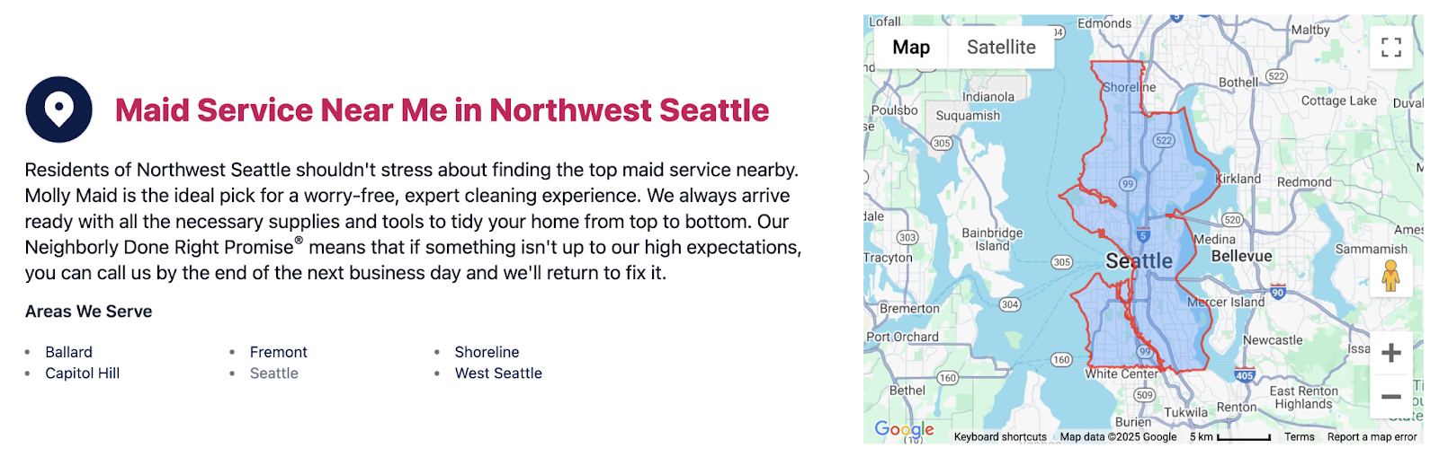 The Google Map has the service area outlined in red with the location page listing areas we serve as bullet points.