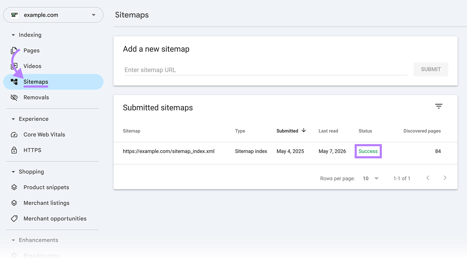 Google Search Console Sitemaps report showing successful sitemap submission and indexed pages count