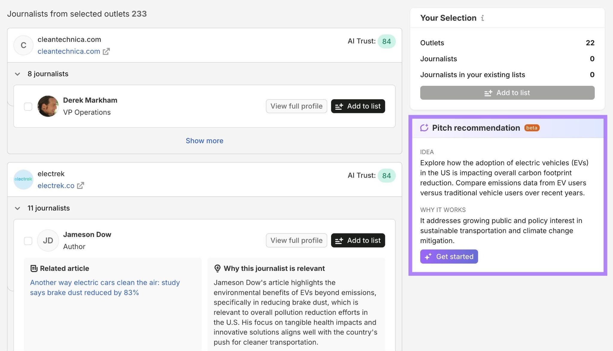 The AI-Cited Media tool with the AI-generated pitch recommendation on the right highlighted.