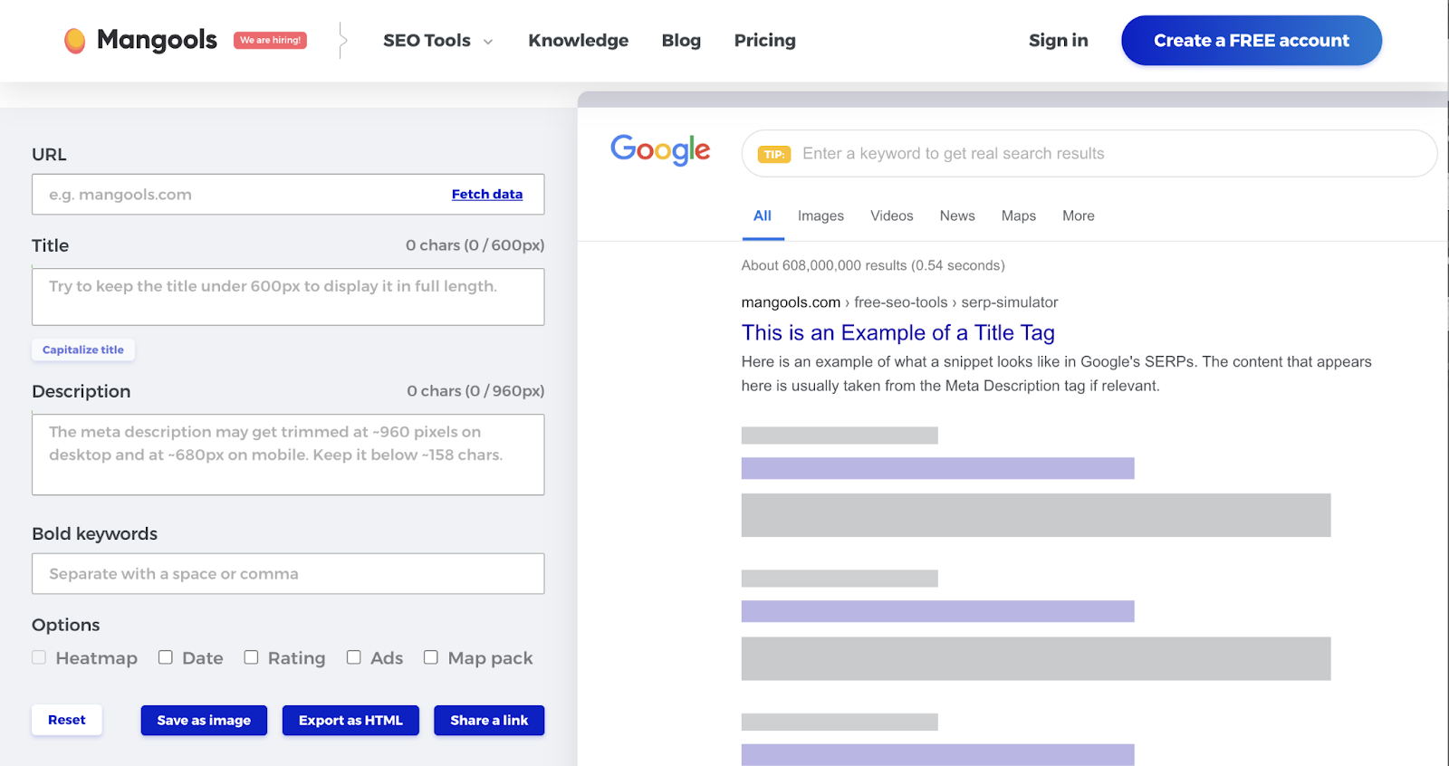 Mangools google serp preview tool page