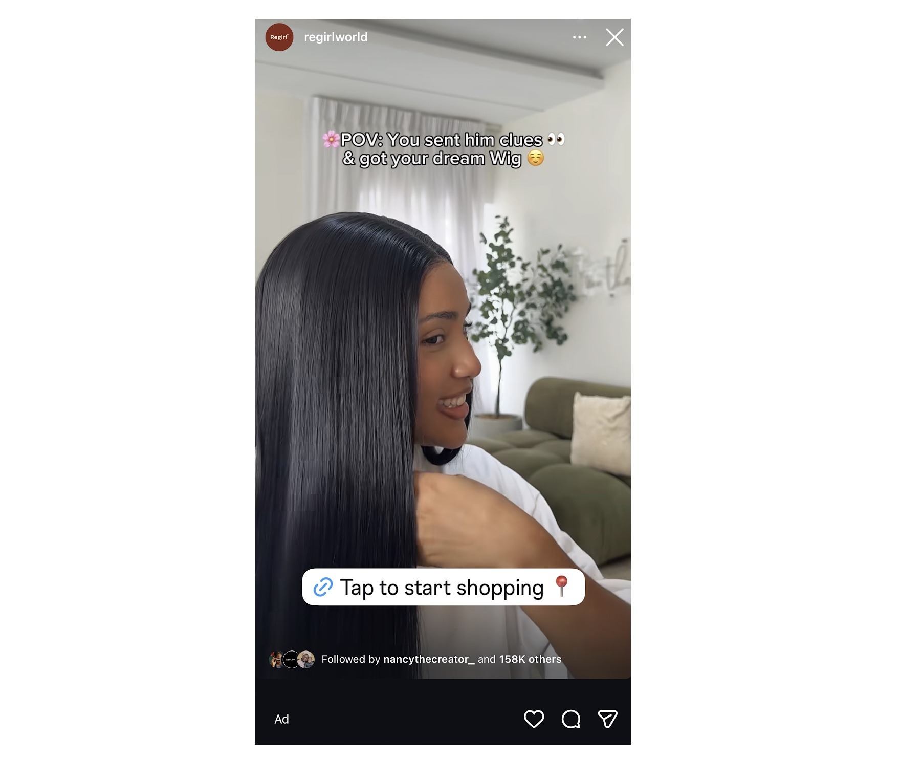 A paid ad, by Regirl, appearing on Instagram stories with the CTA reading "Tap to start shopping".