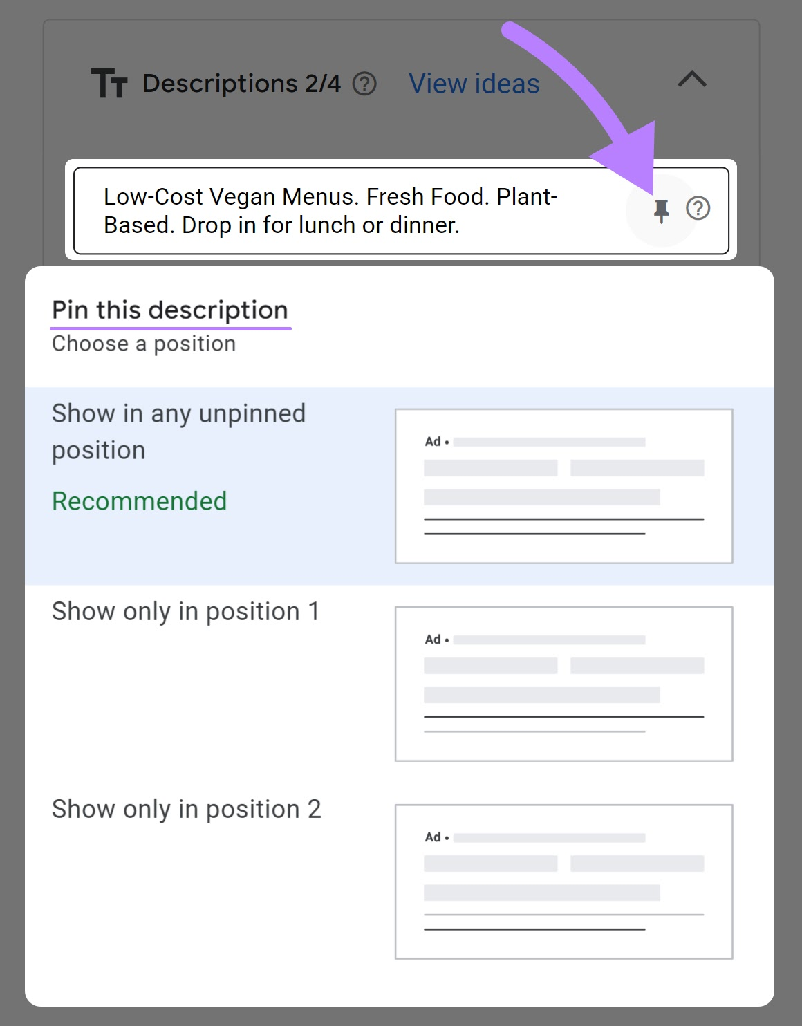Choose the position under the "Pin this description" window