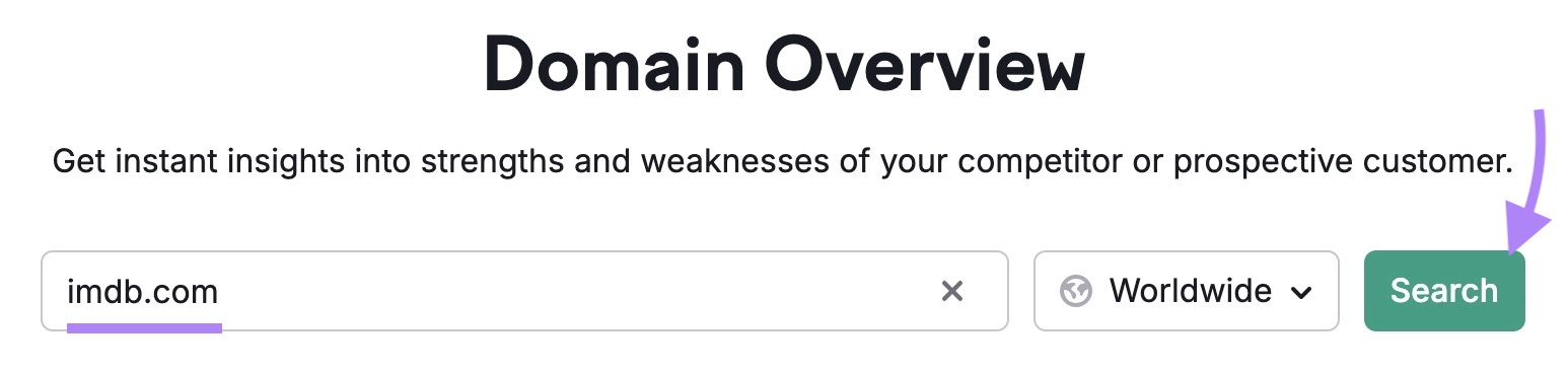 Domain Overview with "imdb.com" entered and "Search" clicked.