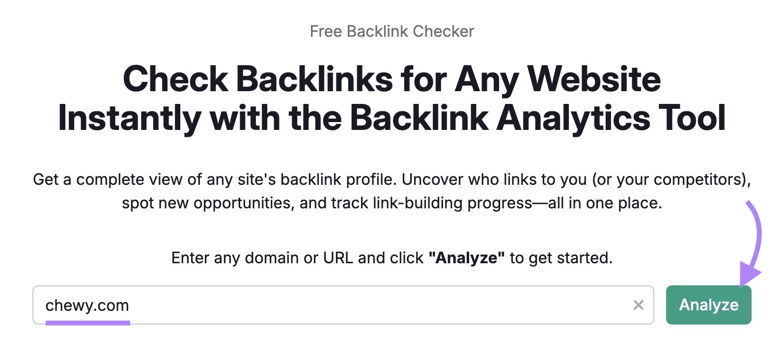 Backlink Analytics tool with "chewy.com" entered as the domain and "Analyze" clicked.