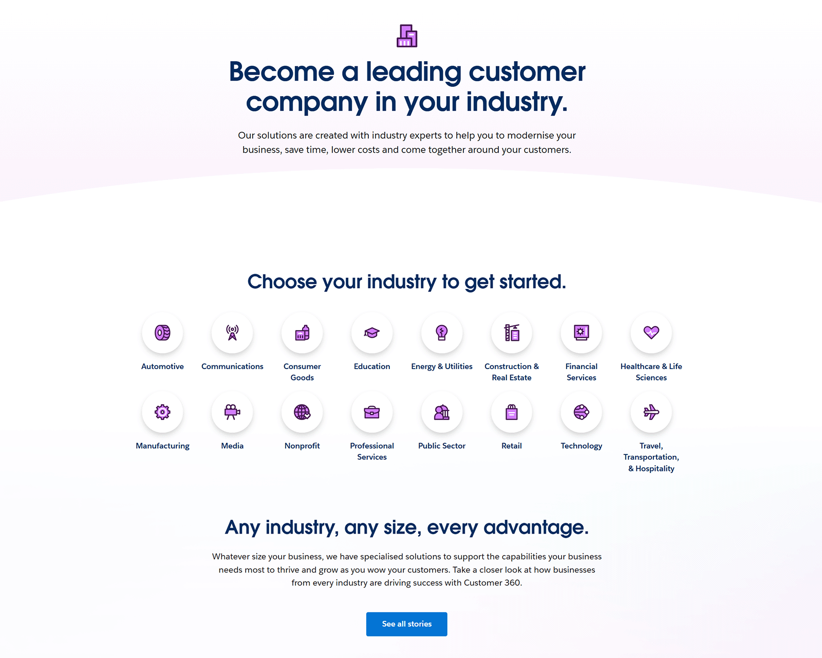 Salesforce webpage showing industry selection icons and headline about becoming a leading customer company