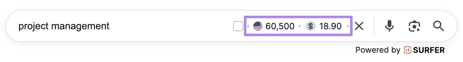 Keyword Surfer extension on the Google search bar showing the search volume and CPC for the term entered.