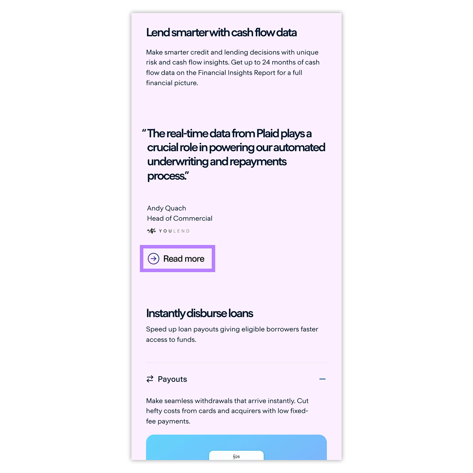 Plaid mobile page with testimonial quote and arrow highlighting "Read more" button.