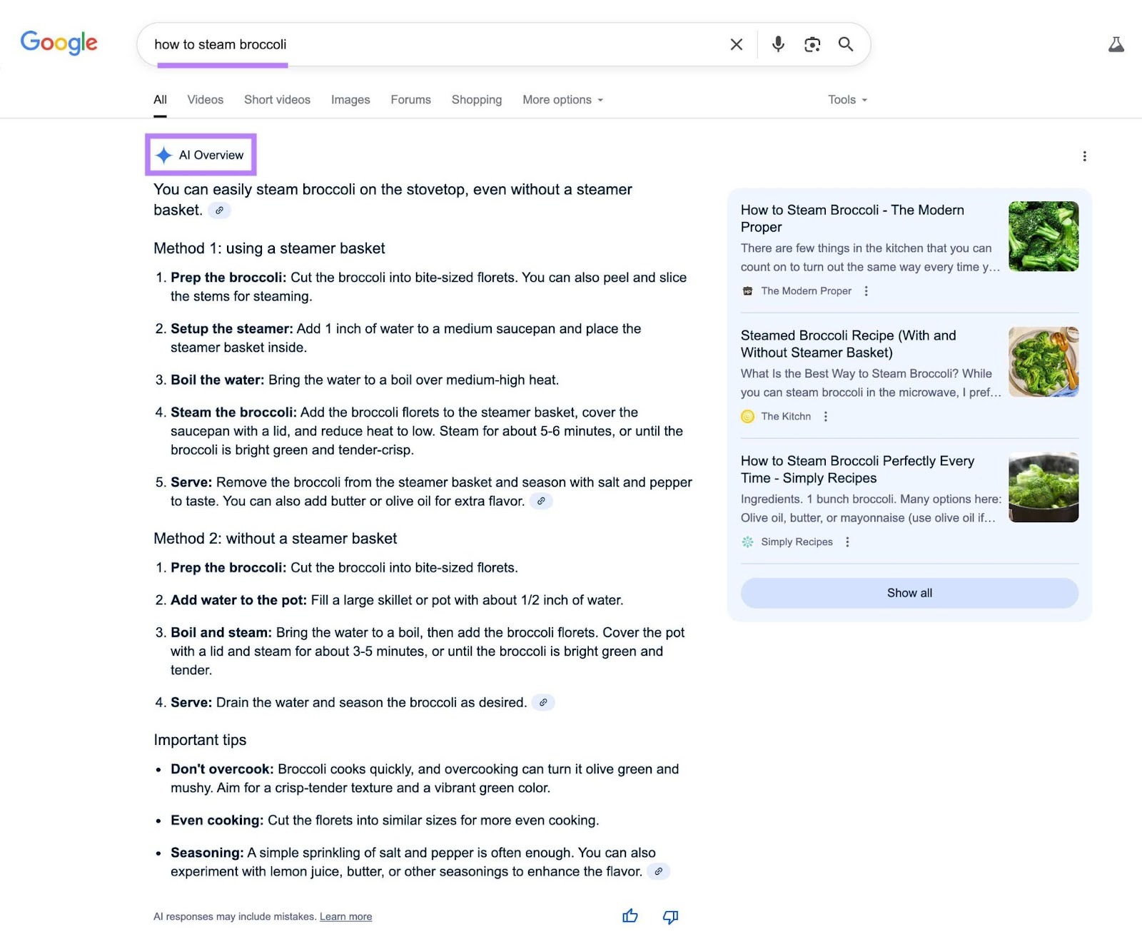 AI Overview appearing on top of the SERP for the query "how to steam broccoli."