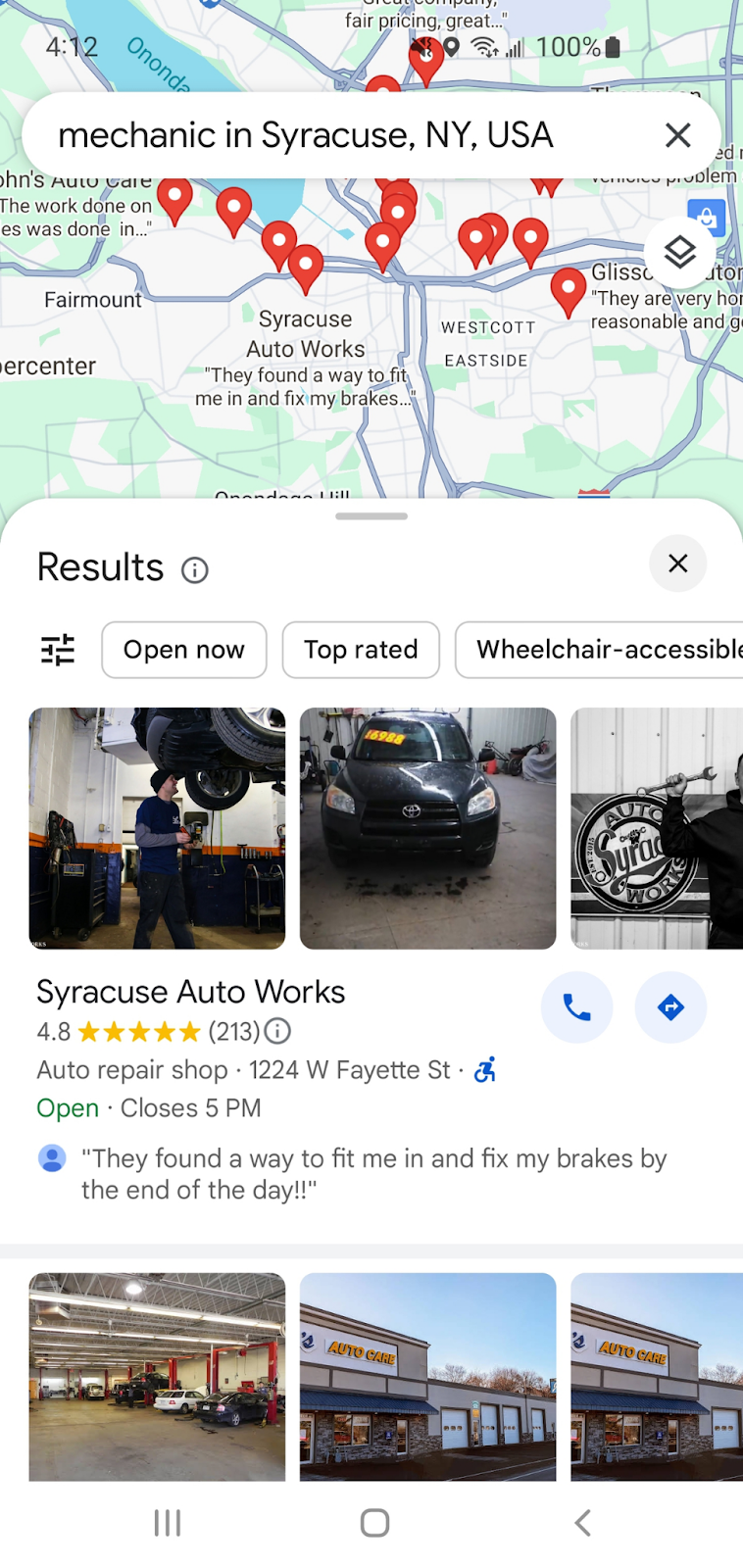 Top-ranking mechanics on Google Maps.