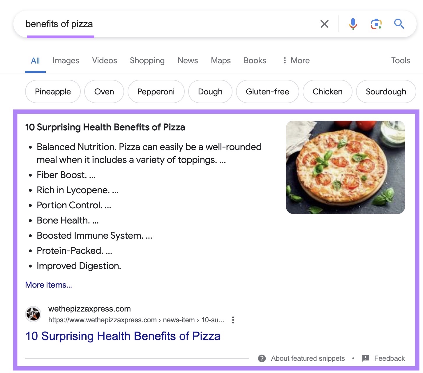 the featured snippet for the term "benefits of pizza" highlighted on the SERP