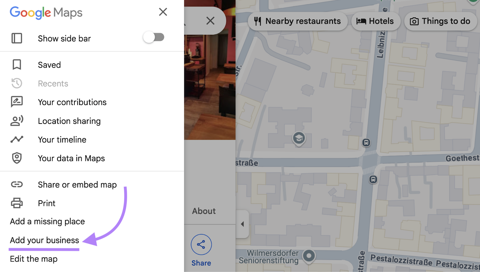 Add your business appears in the hamburger menu and below add a missing place.