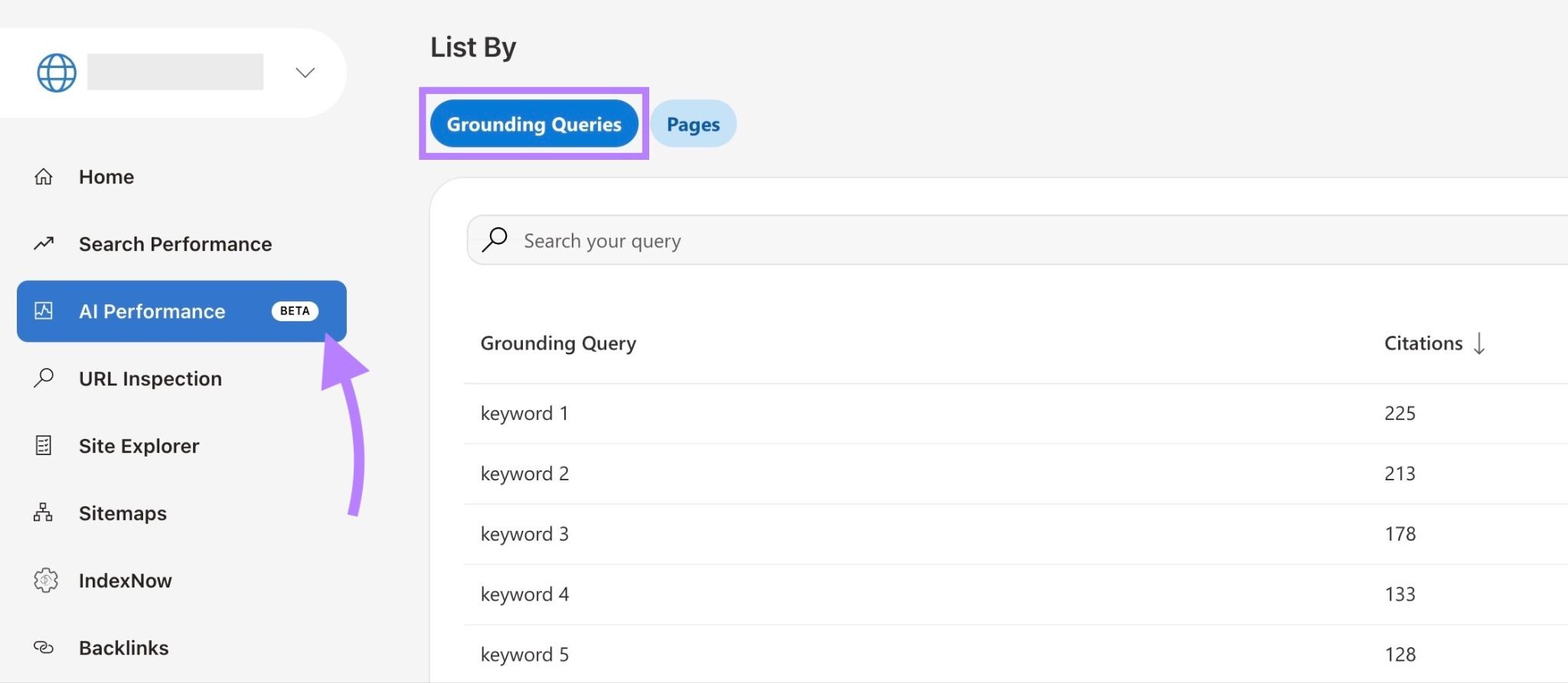 The AI Performance report on Bing Webmaster Tools with "Grounding Queries" selected showing a list of keywords.