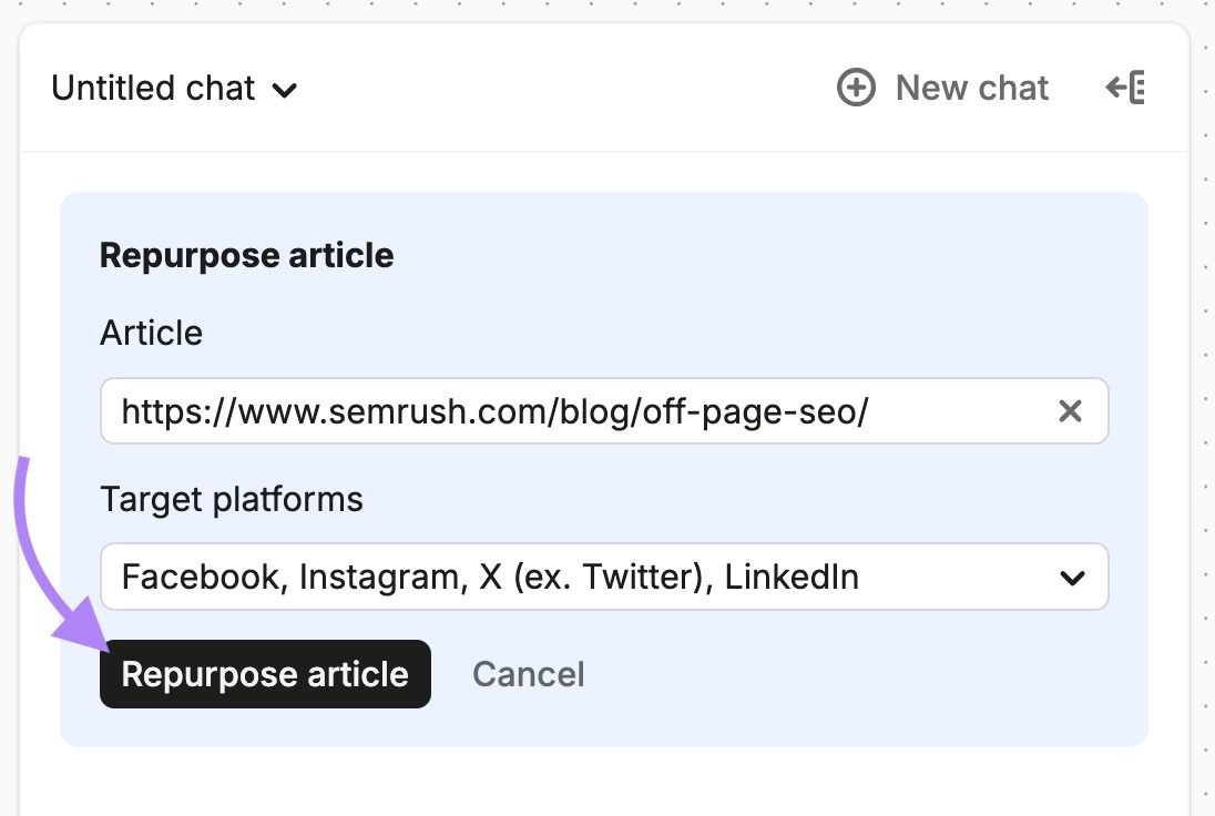 Content toolkit settings with an article URL entered, target platforms selected, and "Repurpose article" clicked.