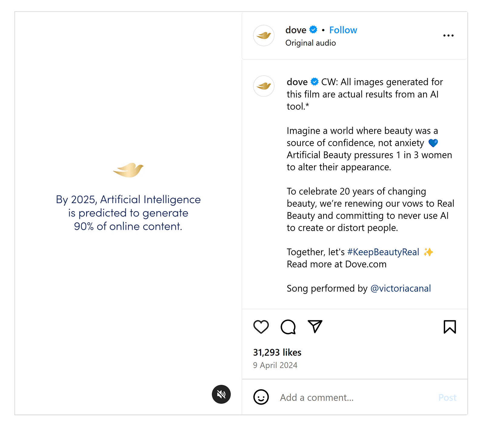 Dove Instagram reel post with a pledge to never use AI-generated images of people, promoting real beauty and body confidence.