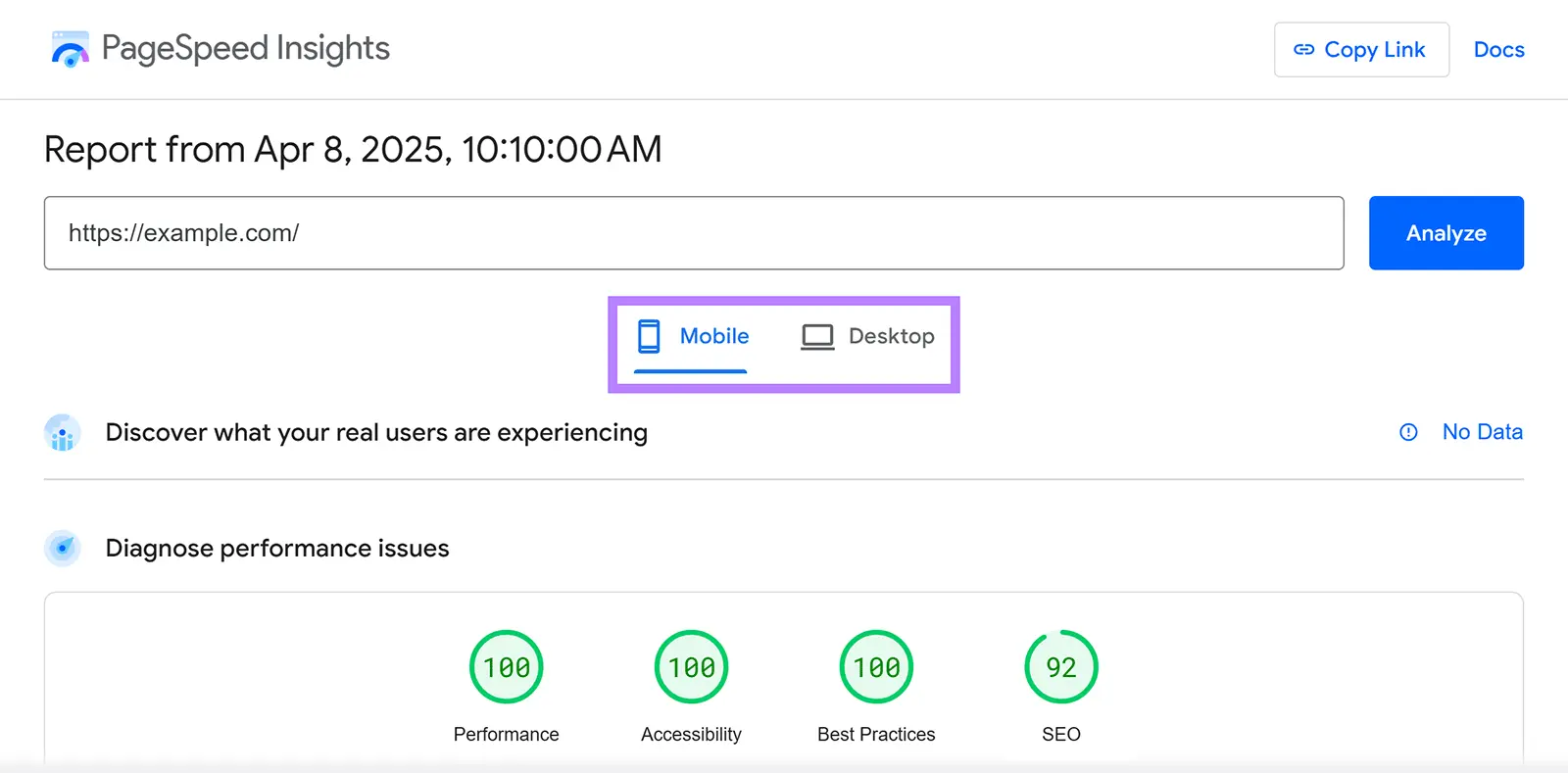 The option to toggle between mobile and desktop highlighted on PageSpeed Insights.