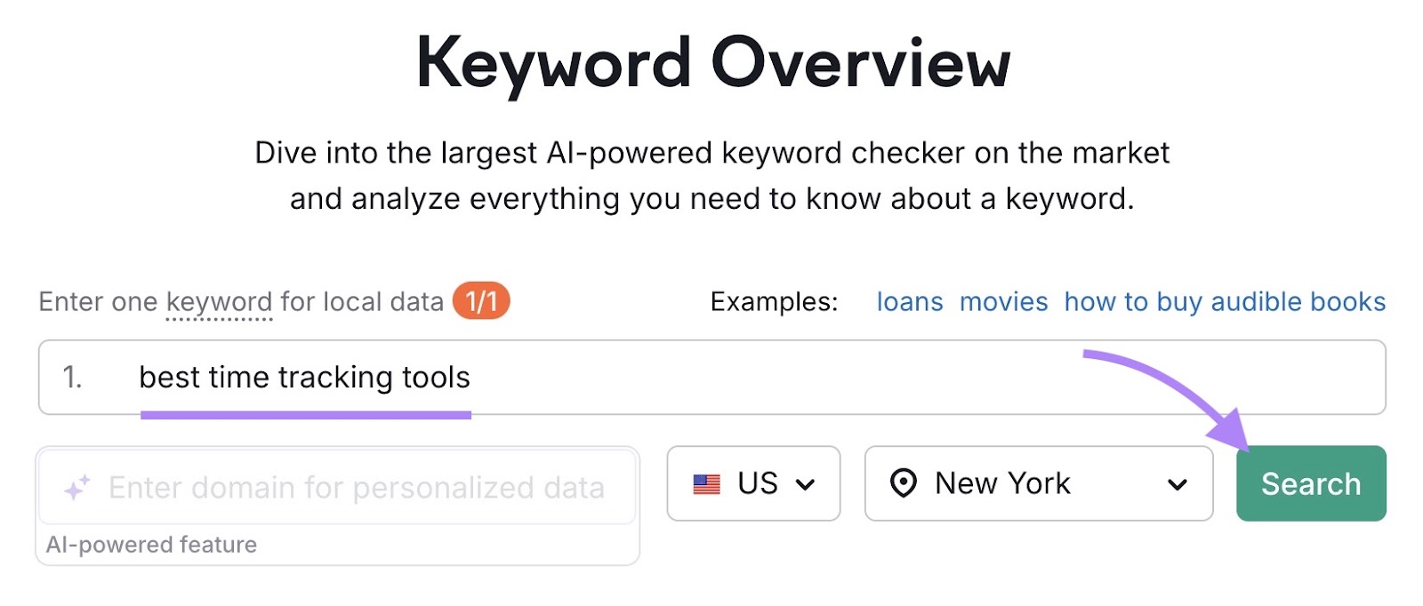 Keyword Overview tool start with "best time tracking tools" entered as the term and "Search" clicked.